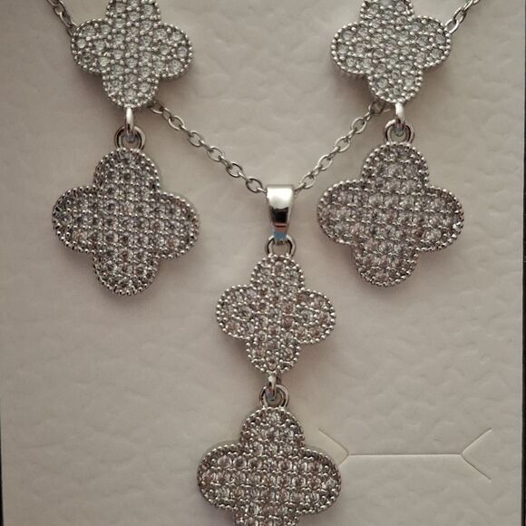 Diamond Silver Double Clover Necklace + Earrings Set - Picture 3 of 9